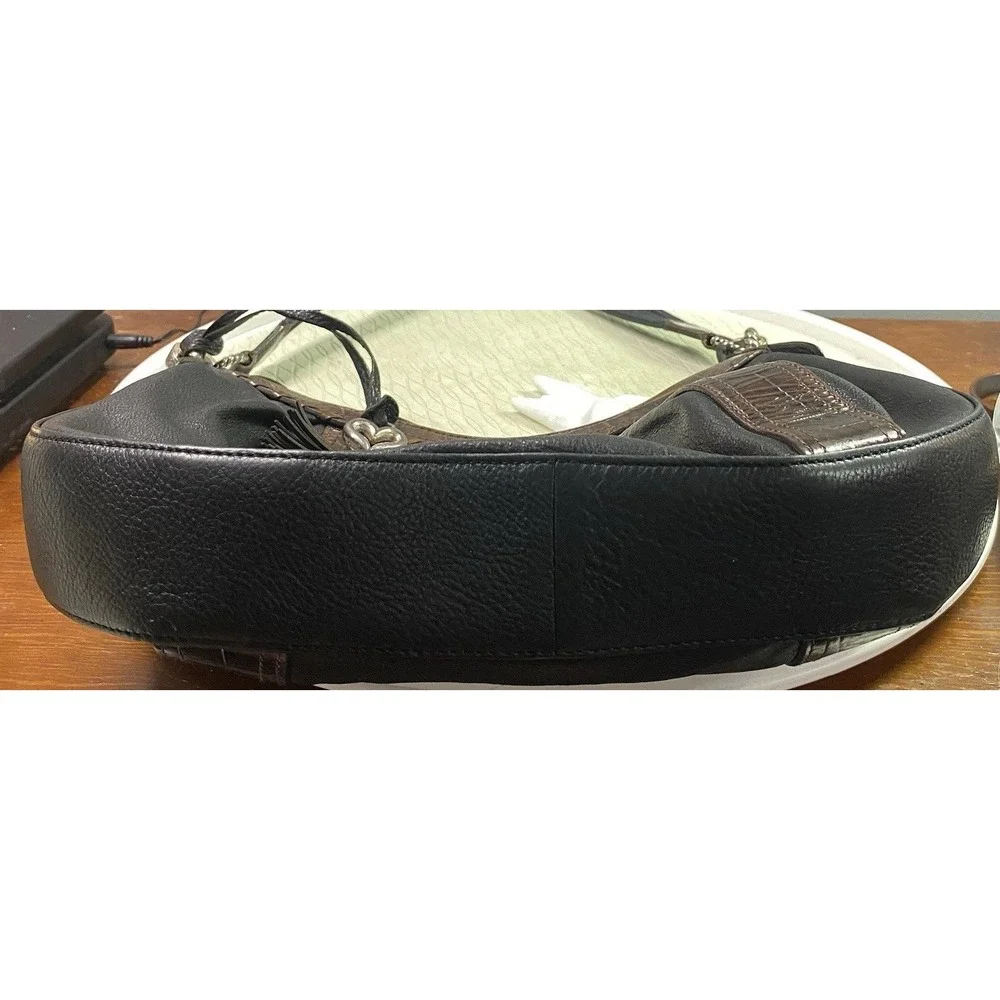 BRIGHTON Leather Women's Croc Purse Black&Brown Bag Tassel Hobo‎  9x13x2.5